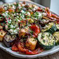 Roasted Mediterranean Greek Vegetables bubbling on a baking sheet, with caramelized peppers and eggplant edges.