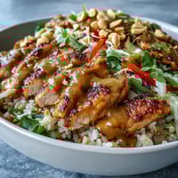 Freshly baked and sliced chicken sits atop fluffy brown rice, drizzled with a creamy peanut sauce and vibrant veggies.