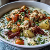 Creamy slow cooker chicken pot pie soup with tender chicken, potatoes, and vegetables in a rich, comforting broth.