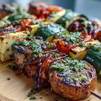 Summer Grilled Veggie Skewers with Chimichurri sizzling on a hot grill, colorful vegetables charred to perfection and glistening with olive oil.