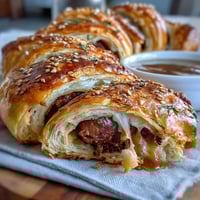 Golden, flaky crescent-wrapped cocktail sausages served with tangy honey Dijon dipping sauce for a perfect game day appetizer.