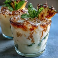 Refreshing pineapple coconut agua fresca in a clear glass, garnished with mint and pineapple slice, perfect for summer gatherings.