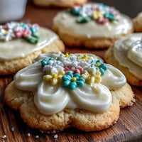 Delicate flower-shaped shortbread cookies with vibrant royal icing, perfect for spring celebrations and dessert tables.