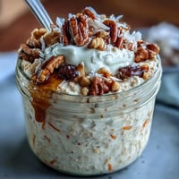 Creamy carrot cake overnight oats with grated carrots, cinnamon, and walnuts in a glass jar.  