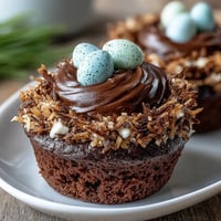 Festive Easter Nest Cupcakes with chocolate buttercream, coconut nest texture, and colorful candy eggs for a delightful holiday dessert.  