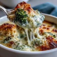 Creamy broccoli cheddar soup in a white bowl, garnished with shredded cheese and fresh broccoli florets, served with crusty bread.