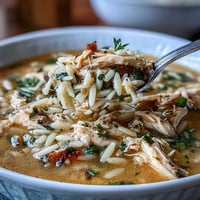 A bowl of Greek lemon chicken soup with tender shredded chicken, orzo pasta, and fresh herbs in a silky lemon broth.  