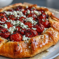 Golden Roasted Cherry Tomato Feta Galette, flaky pastry, tangy cheese, and sweet tomatoes.
