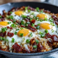 Loaded hash brown skillet with runny yolks and crispy bacon.